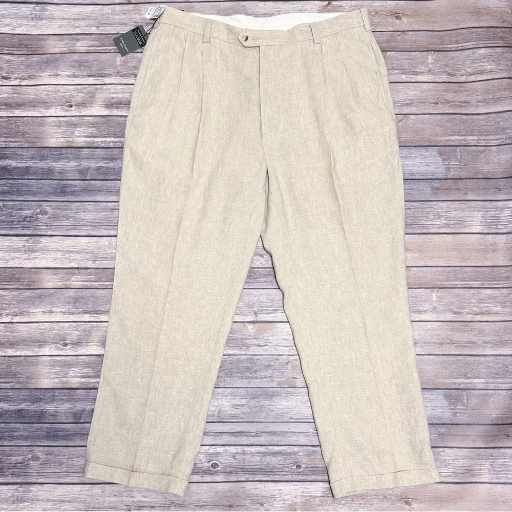 Jos A Bank Beige White Linen Woven Pleated Cuffed Dress Pants New 40 X 30